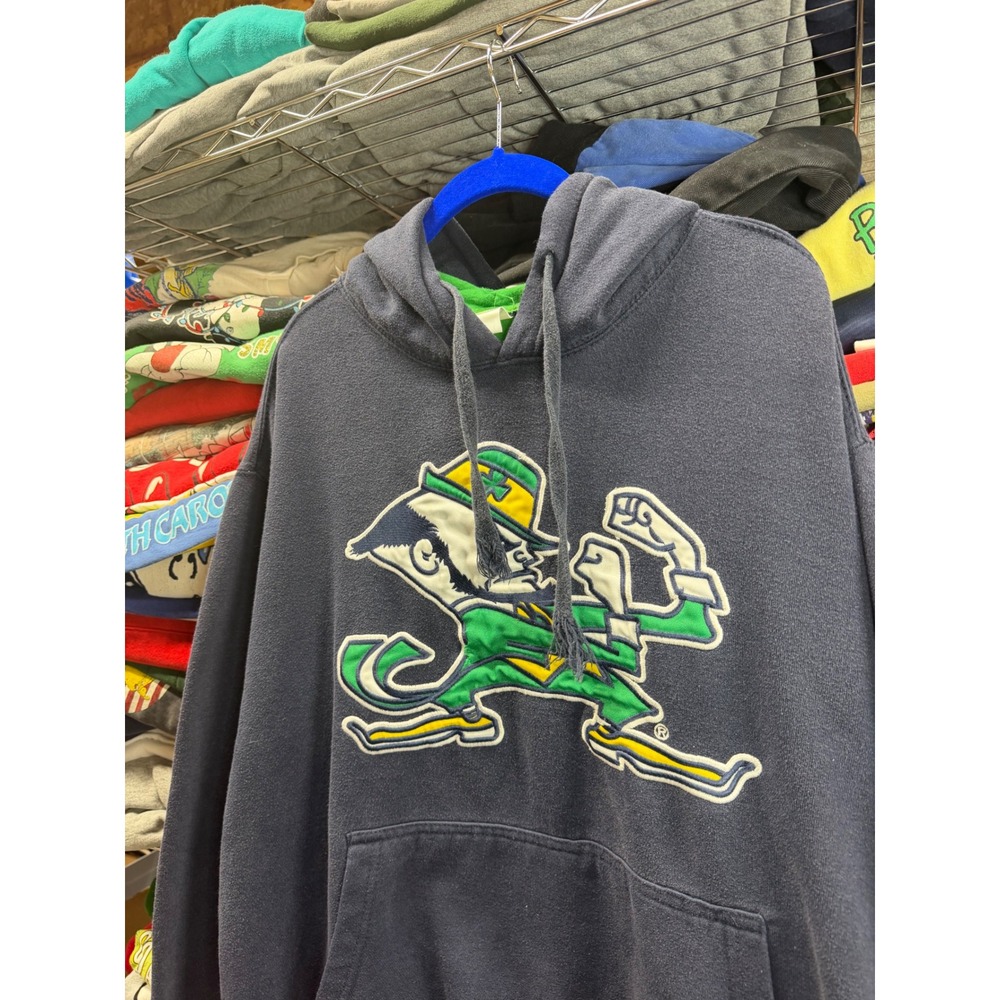 Vintage Notre Dame Fighting Irish E5 Hoodie Navy Blue Leprechaun Mens Large